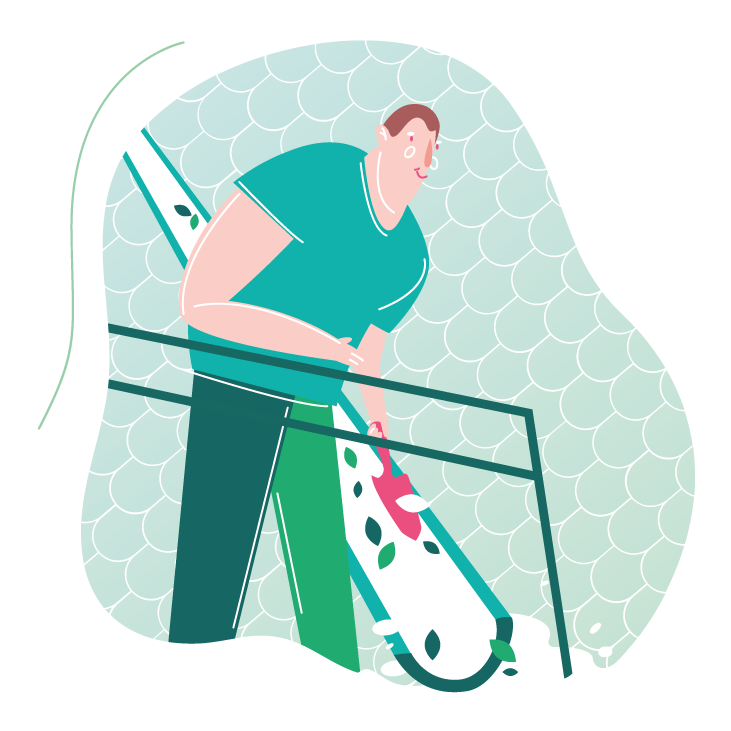 Takrenner illustrasjon. Person som renser takrenner med spade.