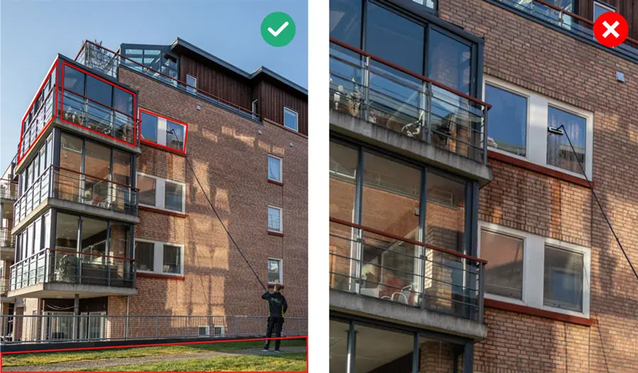 Bilde av bygg med markerte vinduer som skal vaskes.